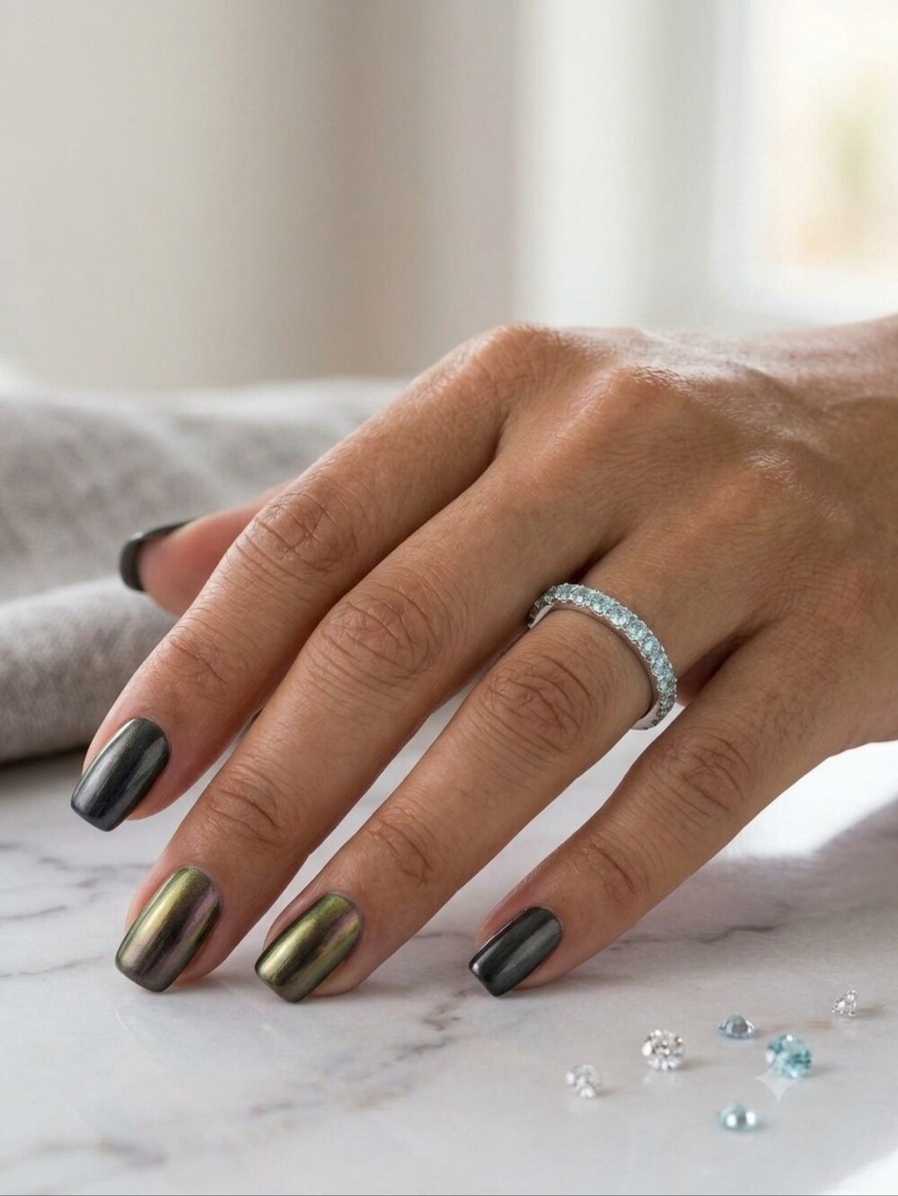 Moissanite 1.0CTW NWT 925 Silver Light Aqua Eternity Band Ring,  Size 5 Or 7